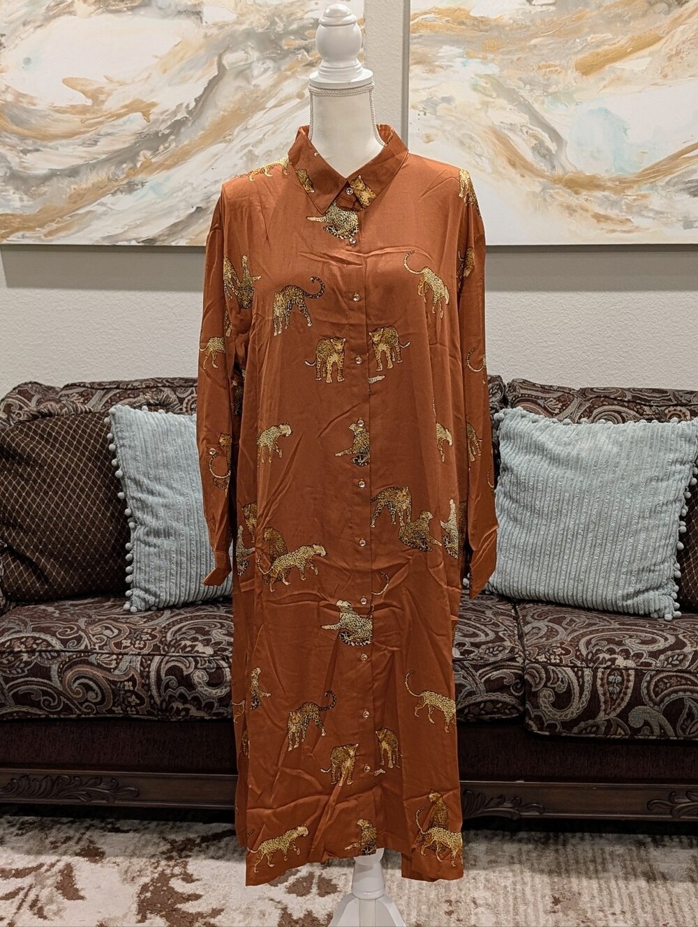 Copper Animal Print Long Button-Down Shirt/Dress